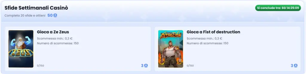 Sfide settimanali casinò con ricompense in monete su slot Ze Zeus e Fist of Destruction