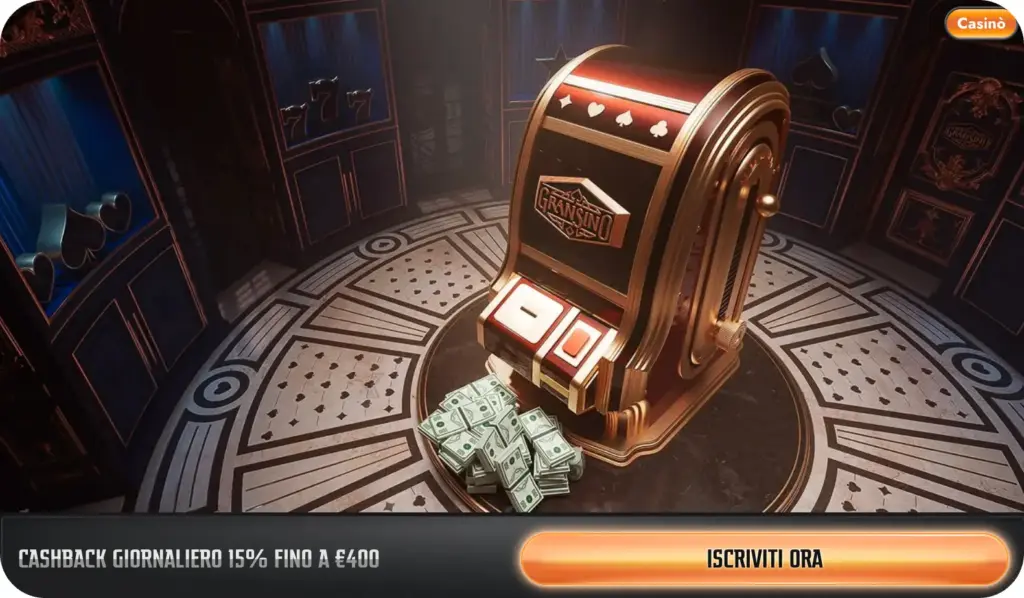 Slot machine Gransino con denaro e banner cashback giornaliero 15% fino a €400