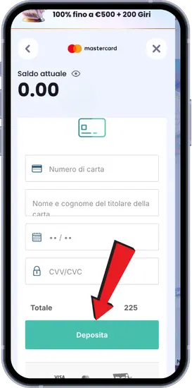 Inserimento dettagli carta Mastercard per deposito 225€ su Casinolab