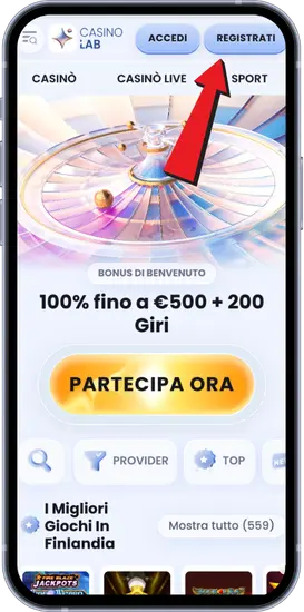 Homepage Casinolab con bonus benvenuto 100% fino a 500€ più 200 giri