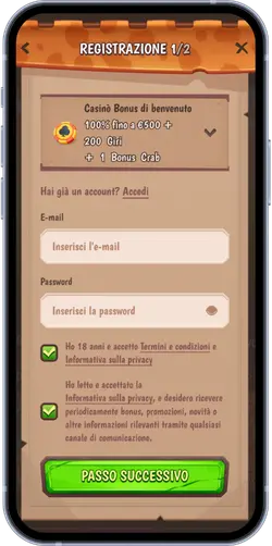Prima fase registrazione con campi email e password per creare account casino