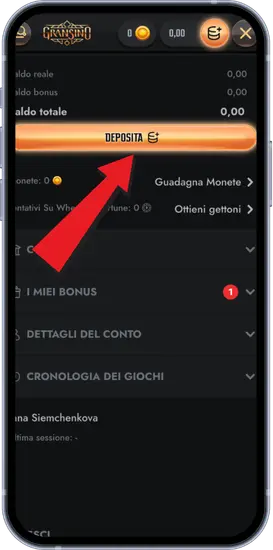 Menu Gransino con deposito bonus e cronologia