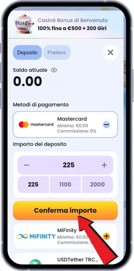 Selezione importo deposito 225€ su Casinolab tramite Mastercard