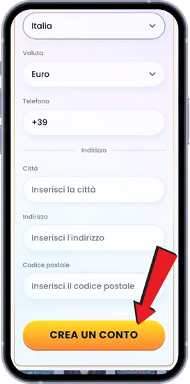 Completamento registrazione con indirizzo e codice postale Casinolab