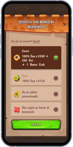 Schermata selezione bonus benvenuto casino con opzioni casino e sport