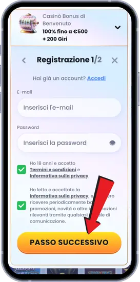 Primo step registrazione Casinolab con email e password