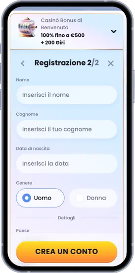 Secondo step registrazione Casinolab con dati anagrafici e genere