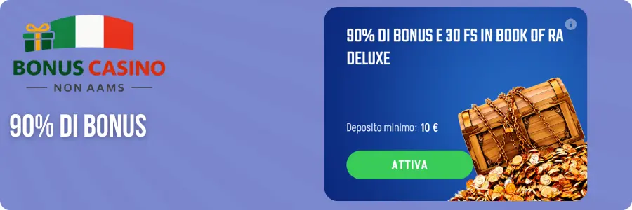 90% di bonus Winnita Casino - forziere legno aperto con monete d'oro e giri Book of Ra Deluxe