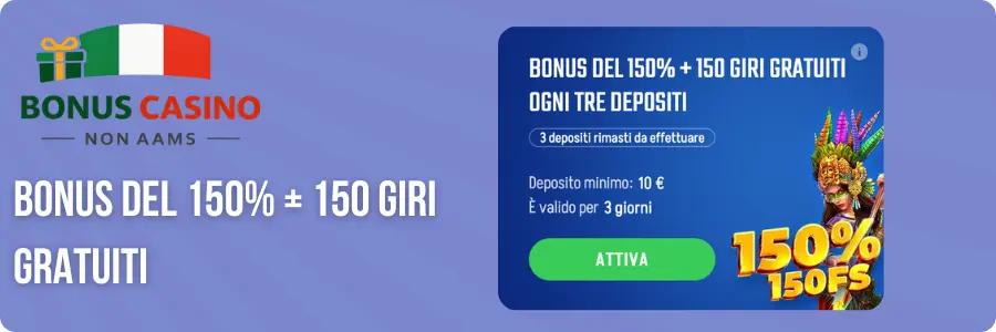 Bonus del 150% più 150 giri gratuiti Winnita - maschera carnevale dorata con scritta 150% 150FS
