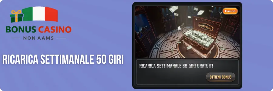 Ricarica settimanale 50 giri Casinolab bonus - valigia con denaro e 66 giri gratuiti settimanali