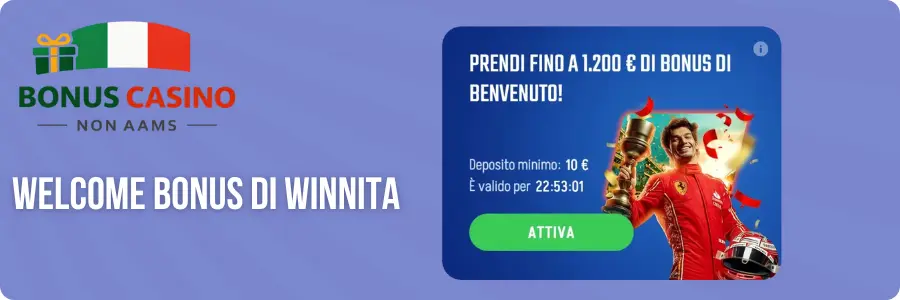 Welcome bonus di Winnita Casino non AAMS - pilota Formula 1 con trofeo e bonus fino a 1.200 euro